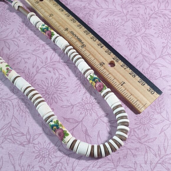 Vintage Floral Beaded Necklace Roses Yellow Flower White Brown Bead Spring Clasp - Picture 3 of 4
